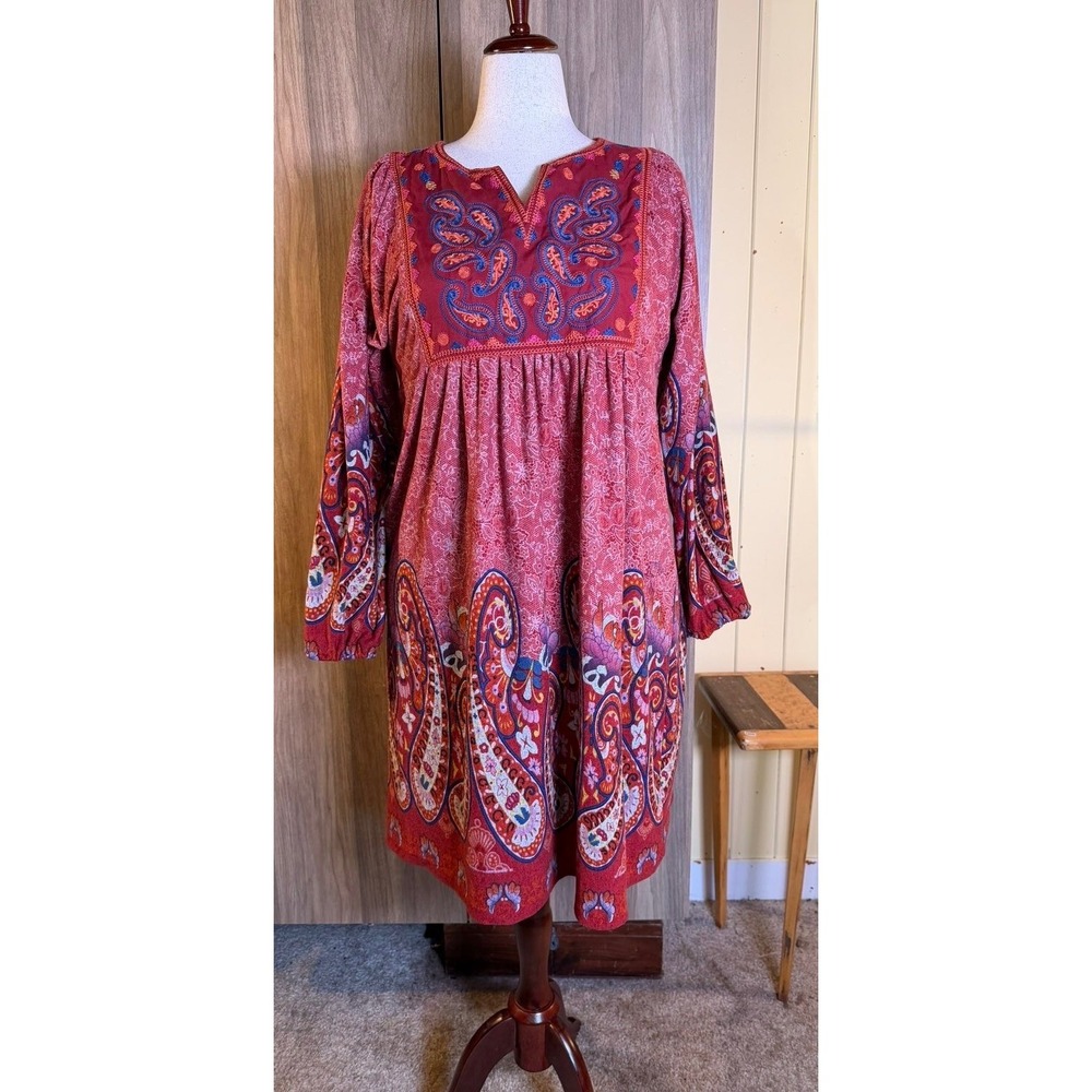 455. Boho Womens XL Red Paisley Embroidered V-Neck Boho Tunic Mini Dress - Picture 2 of 6